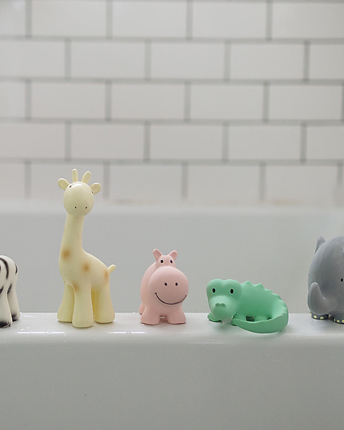 Tikiri 3-in-1 Rattle, Teether, Bath Toy - Hippo, My First Zoo - 100% Natural Rubber Bath Toys