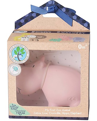 Tikiri 3-in-1 Rattle, Teether, Bath Toy - Hippo - My First Zoo - Gift Box - 100% Natural Rubber Bath Toys