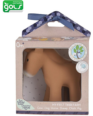 Tikiri 3-in-1 Rattle, Teether, Bath Toy - Horse - My First Farm - Gift Box - 100% Natural Rubber Bath Toys