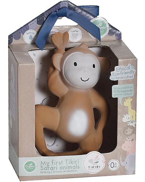 Tikiri 3-in-1 Rattle, Teether, Bath Toy - Monkey - My First Zoo - Gift Box - 100% Natural Rubber Teethers