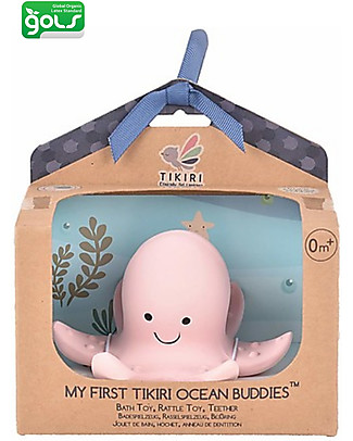 Tikiri 3-in-1 Rattle, Teether, Bath Toy - Octopus, Ocean Buddies, Gift Box - 100% Natural Rubber Rattles