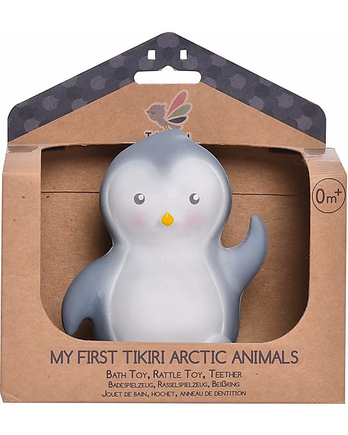 Tikiri 3-in-1 Rattle, Teether, Bath Toy - Penguin, My First Arctic Animals - 100% Natural Rubber Bath Toys