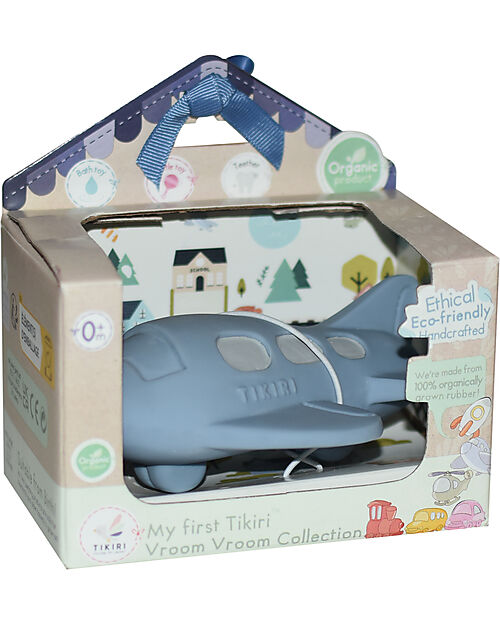 Tikiri 3-in-1 Rattle, Teether, Bath Toy - Plane - Vroom Vroom Friends - Gift Box - 100% Natural Rubber - GOLS Certified Bath Toys