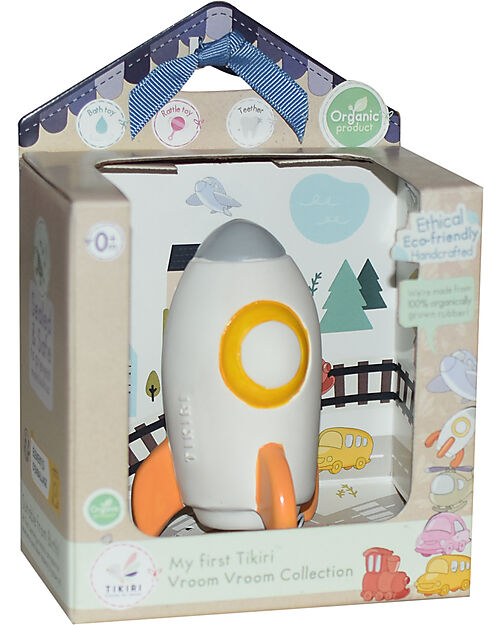 Tikiri 3-in-1 Rattle, Teether, Bath Toy - Rocket - Vroom Vroom Friends - Gift Box - 100% Natural Rubber - GOLS Certified Bath Toys