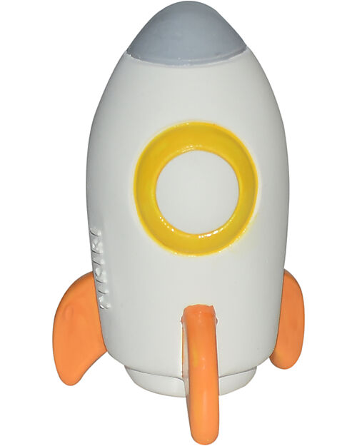 Tikiri 3-in-1 Rattle, Teether, Bath Toy - Rocket - Vroom Vroom Friends - Gift Box - 100% Natural Rubber - GOLS Certified Bath Toys