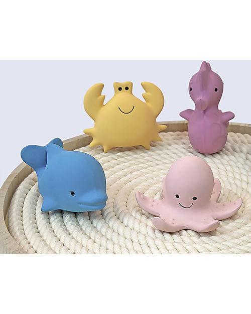 Tikiri 3-in-1 Rattle, Teether, Bath Toy - Sea Horse, Ocean Buddies, Gift Box - 100% Natural Rubber Bath Toys