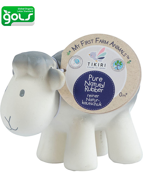 Tikiri 3-in-1 Rattle, Teether, Bath Toy - Sheep, My First Farm - 100% Natural Rubber Bath Toys