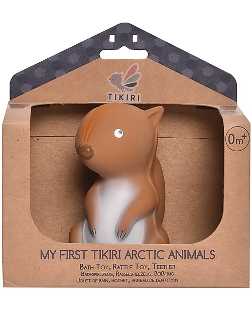 Tikiri 3-in-1 Rattle, Teether, Bath Toy - Squirrel, My First Arctic Animals - 100% Natural Rubber Bath Toys