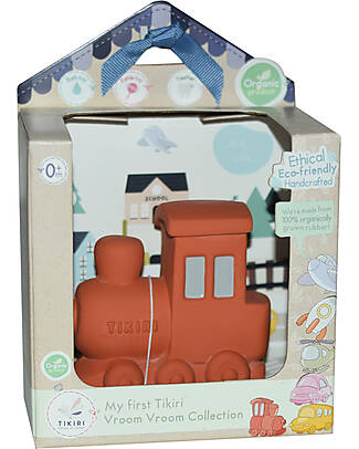 Tikiri 3-in-1 Rattle, Teether, Bath Toy - Train - Vroom Vroom Friends - 100% Natural Rubber - GOLS Certified Bath Toys