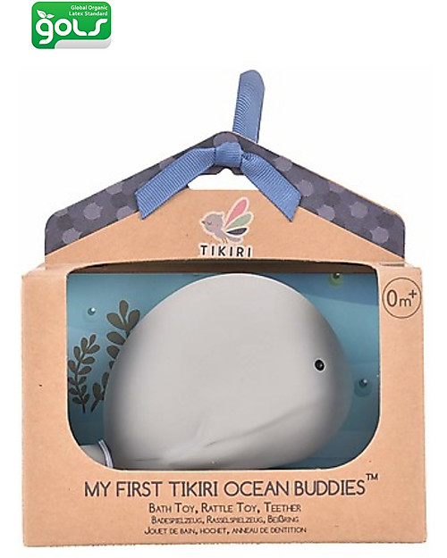 Tikiri 3-in-1 Rattle, Teether, Bath Toy - Whale, Ocean Buddies, Gift Box - 100% Natural Rubber Bath Toys