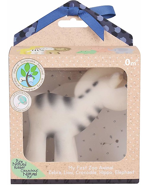 Tikiri 3-in-1 Rattle, Teether, Bath Toy - Zebra - My First Zoo - Gift Box - 100% Natural Rubber Bath Toys