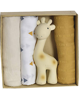 Tikiri Giraffe Gift Set - Three Muslin Squares with Giraffe Rubber Teether Muslin Swaddle