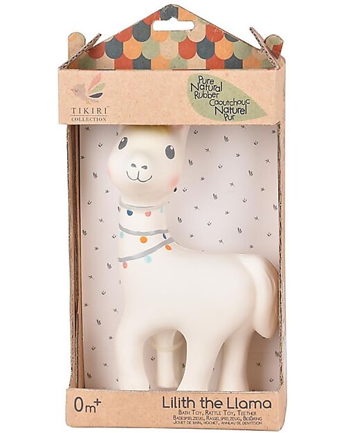 Tikiri Lilith the Llama - Bath Toy + Rattle Toy + Teether - 100% Natural Rubber Newborn Toys_