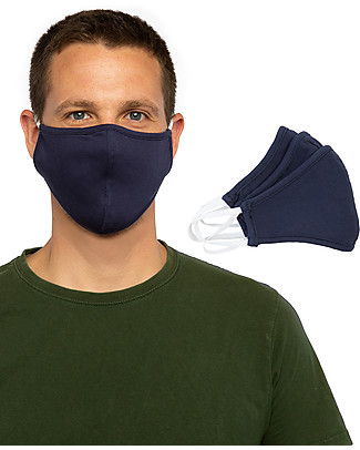 Tikiri Pack of 3 Adult/11+ years Reusable Masks - Navy - 3 Layers - 95% Filter - 100% Cotton - Oeko-Tex Certified Face Mask for Personal Protection