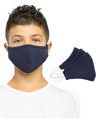 Tikiri Pack of 3 Child's Reusable Masks 6-11 years - Navy - 3 Layers - 95% Filter - 100% Cotton - Oeko-Tex Certified Face Mask for Personal Protection