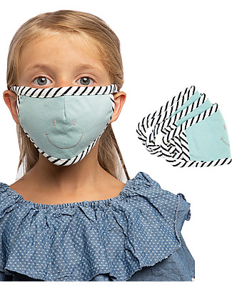 Tikiri Pack of 3 Child's Reusable Masks - Blue Smile - 3 Layers - 95% Filter - 100% Cotton - Oeko-Tex Certified Face Mask for Personal Protection