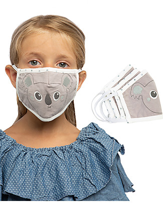 Tikiri Pack of 3 Child's Reusable Masks - Koala - 3 Layers - 95% Filter - 100% Cotton - Oeko-Tex Certified Face Mask for Personal Protection