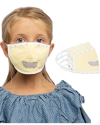 Tikiri Pack of 3 Child's Reusable Masks - Yellow Smile - 3 Layers - 95% Filter - 100% Cotton - Oeko-Tex Certified Face Mask for Personal Protection