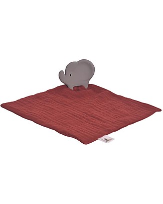 Tikiri Safari Doudou Comforter - Elephant - Red Barn Muslin - Natural Rubber Teether Doudou & Comforters