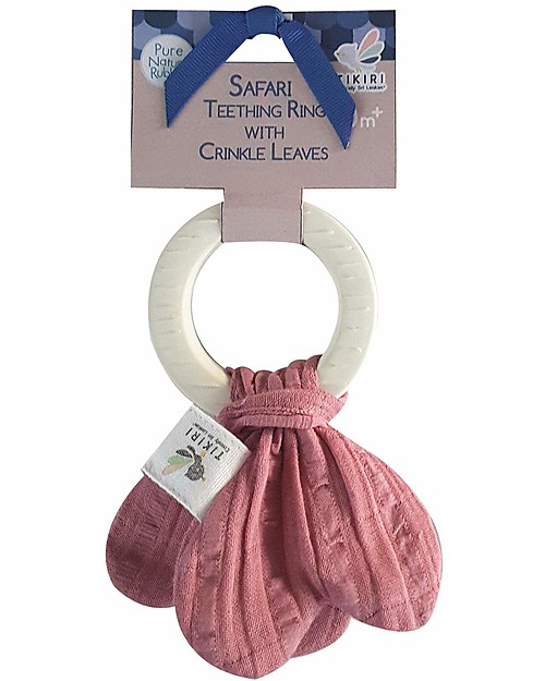Tikiri Safari Teething Ring - Dusty Pink - Natural Rubber and Organic Cotton Teethers