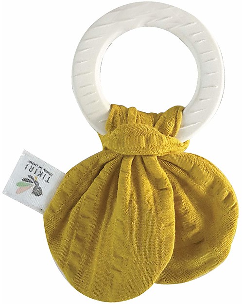 Tikiri Safari Teething Ring, Yellow - Natural Rubber and Organic Cotton Teethers