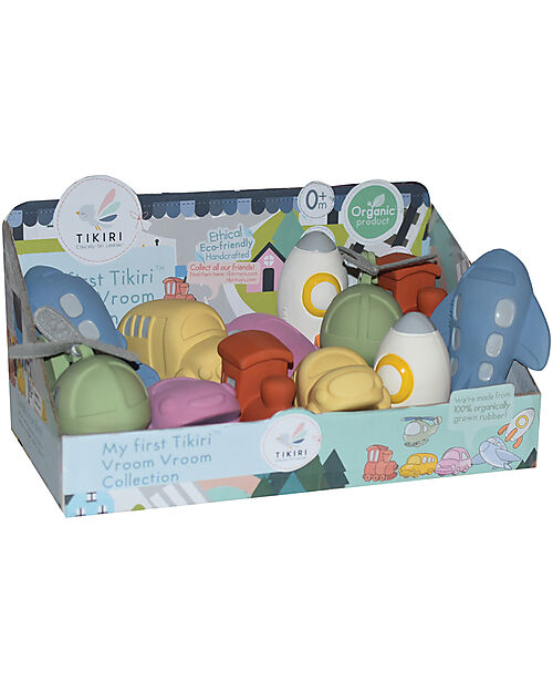 Tikiri Vroom Vroom Friends Natural Rubber Teether  Rattle & Bath toy  in CDU - 12 Pcs Rattles