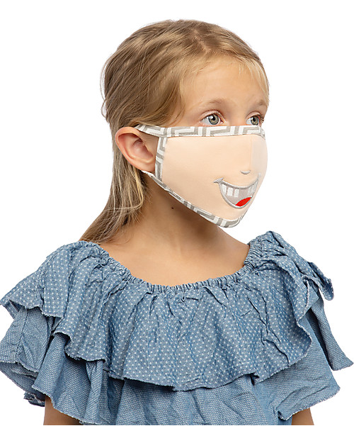 Tikiri Washable Mask for Kids - Smiling Teeth - 3 Layers - Filtering over 95% - 100% Oeko-Tex certified cotton Face Mask for Personal Protection
