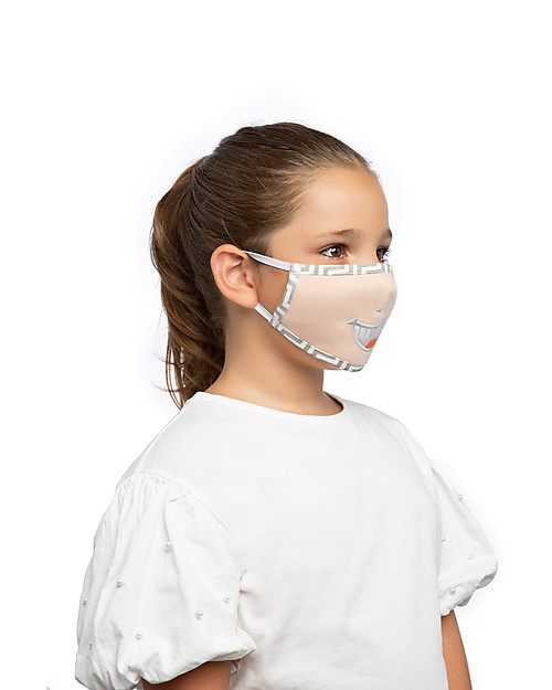 Tikiri Washable Mask for Kids - Smiling Teeth - 3 Layers - Filtering over 95% - 100% Oeko-Tex certified cotton Face Mask for Personal Protection