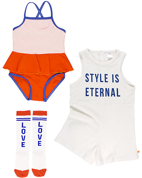 Tiny Cottons Girl's Frill Swimsuit, Colour Blocks Red/Pink Swimsuits