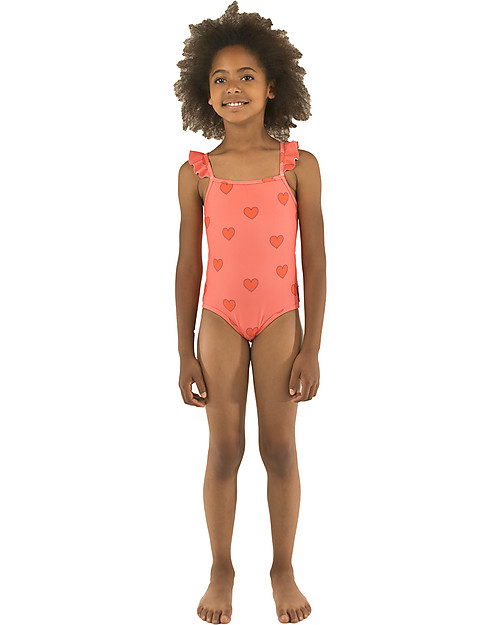 Tiny Cottons Girl's Swimsuit with Frills Hearts - Red Swimsuits
