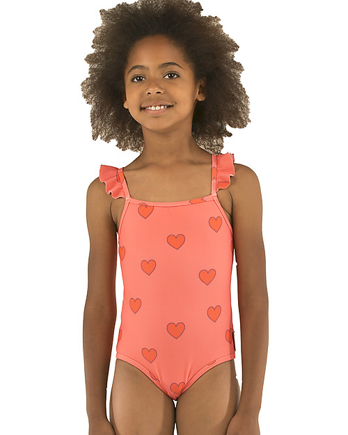 Tiny Cottons Girl's Swimsuit with Frills Hearts - Red Swimsuits