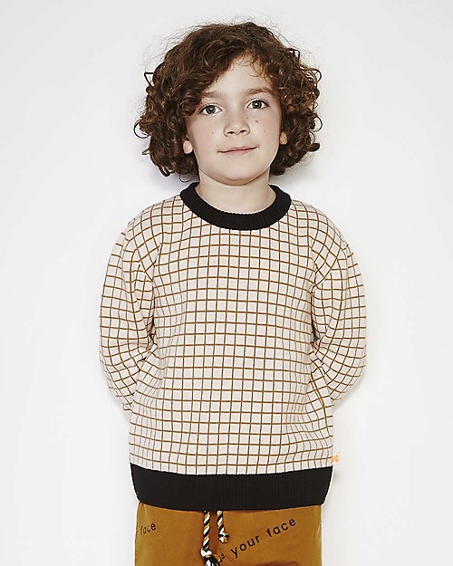 Tiny Cottons Grid Sweater Knit Off White Terracotta Cotton and Merino Wool unisex bambini