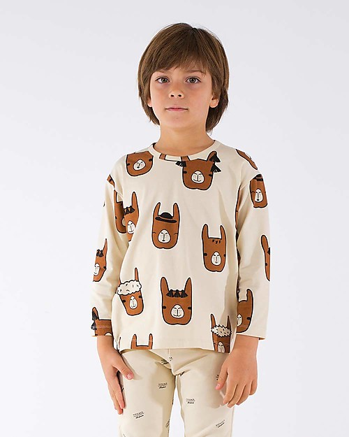 Tiny Cottons Llamas Long Sleeved Relaxed Tee, Beige+Nude - Pima Cotton Long Sleeves Tops