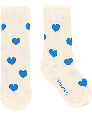 Tiny Cottons Mid Calf Socks Hearts, Light Cream/Blue - Elasticated Cotton Socks