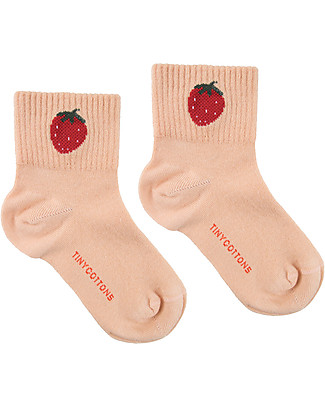 Tiny Cottons Mid Calf Socks Strawberry, Nude/Burgundy - Elasticated Cotton Socks