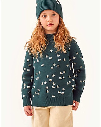 Tiny Cottons Mockneck Sweater - Daises - Dark Green - Cotton and Extrafine Merino Wool Jumpers