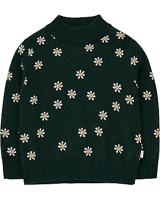 Tiny Cottons Mockneck Sweater - Daises - Dark Green - Cotton and Extrafine Merino Wool Jumpers