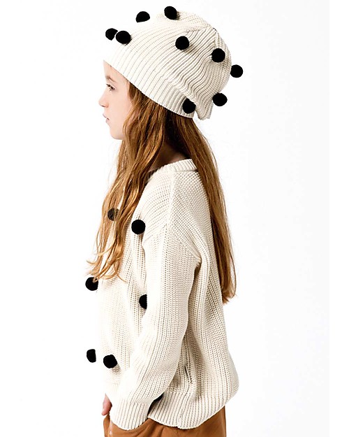 Tiny Cottons Pom Poms Oversized Knit Sweater, Beige+Black - Cotton and Merino wool Jumpers