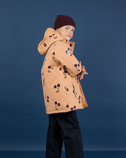 Tiny Cottons Snow  Jacket “Big Cherries”, Dark  Nude/Plum - With ski pass sleeve pocket! Coats