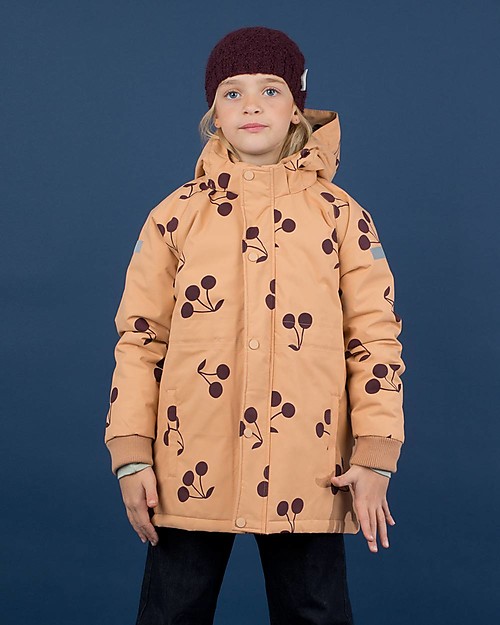 Tiny Cottons Snow  Jacket “Big Cherries”, Dark  Nude/Plum - With ski pass sleeve pocket! Coats