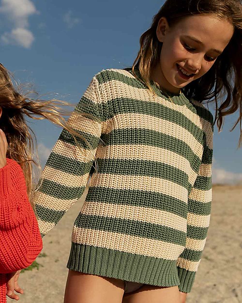 Tiny Cottons Stripes Sweater - Green/Light Cream - 100% Cotton Jumpers