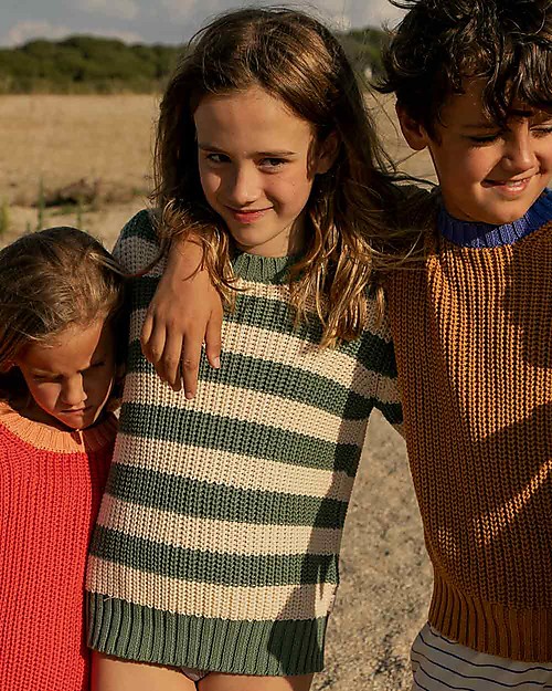 Tiny Cottons Stripes Sweater - Green/Light Cream - 100% Cotton Jumpers