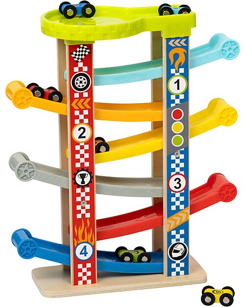 Tooky Toy Car Tower - 6 Machines Included - 32 x 14 x 38 cm - 18m+ Wooden Toy Cars, Trains & Trucks