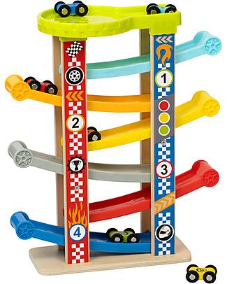 Tooky Toy Car Tower - 6 Machines Included - 32 x 14 x 38 cm - 18m+ Wooden Toy Cars, Trains & Trucks