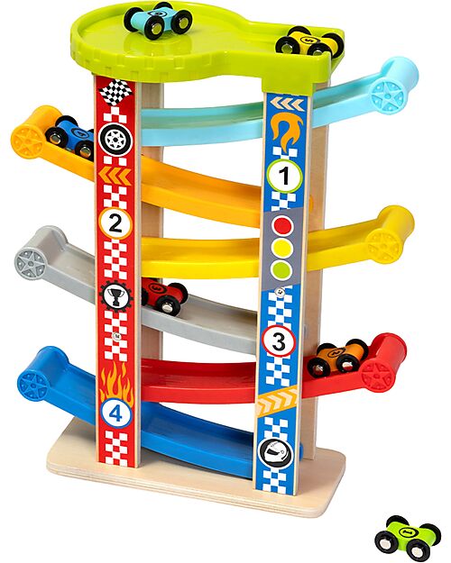 Tooky Toy Car Tower - 6 Machines Included - 32 x 14 x 38 cm - 18m+ Wooden Toy Cars, Trains & Trucks