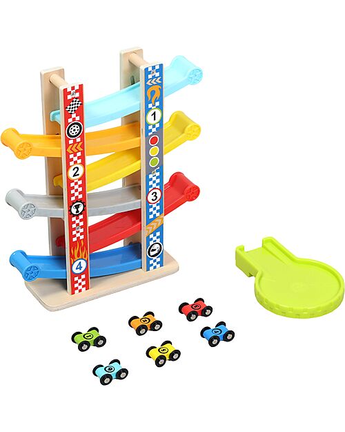 Tooky Toy Car Tower - 6 Machines Included - 32 x 14 x 38 cm - 18m+ Wooden Toy Cars, Trains & Trucks