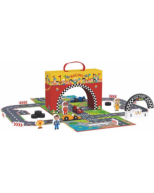 Tooky Toy Racing Track Set - Great for Travel Gaming - 29 x 9.5 x 21.5 cm - From 3 Years - Includes 34 Pieces Wooden Toy Cars, Trains & Trucks