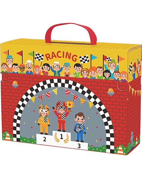 Tooky Toy Racing Track Set - Great for Travel Gaming - 29 x 9.5 x 21.5 cm - From 3 Years - Includes 34 Pieces Wooden Toy Cars, Trains & Trucks