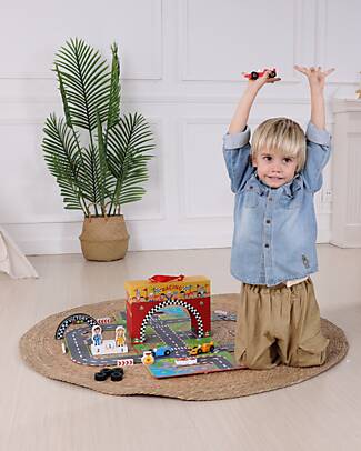 Tooky Toy Racing Track Set - Great for Travel Gaming - 29 x 9.5 x 21.5 cm - From 3 Years - Includes 34 Pieces Wooden Toy Cars, Trains & Trucks
