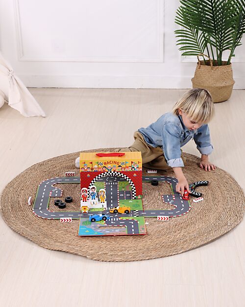 Tooky Toy Racing Track Set - Great for Travel Gaming - 29 x 9.5 x 21.5 cm - From 3 Years - Includes 34 Pieces Wooden Toy Cars, Trains & Trucks